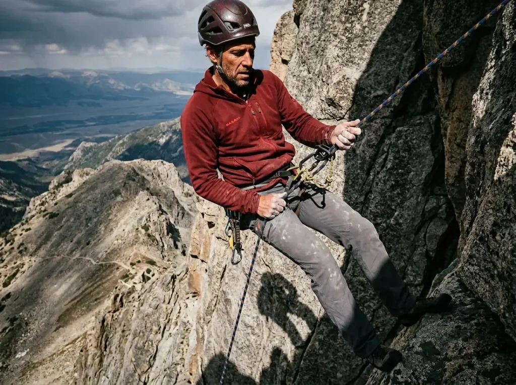 Climber rappelling off the Upper Saddle on the Grand Teton Owen Spalding descent