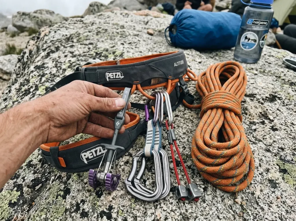 A minimal alpine rack racked on a harness for the Grand Teton Owen Spalding route