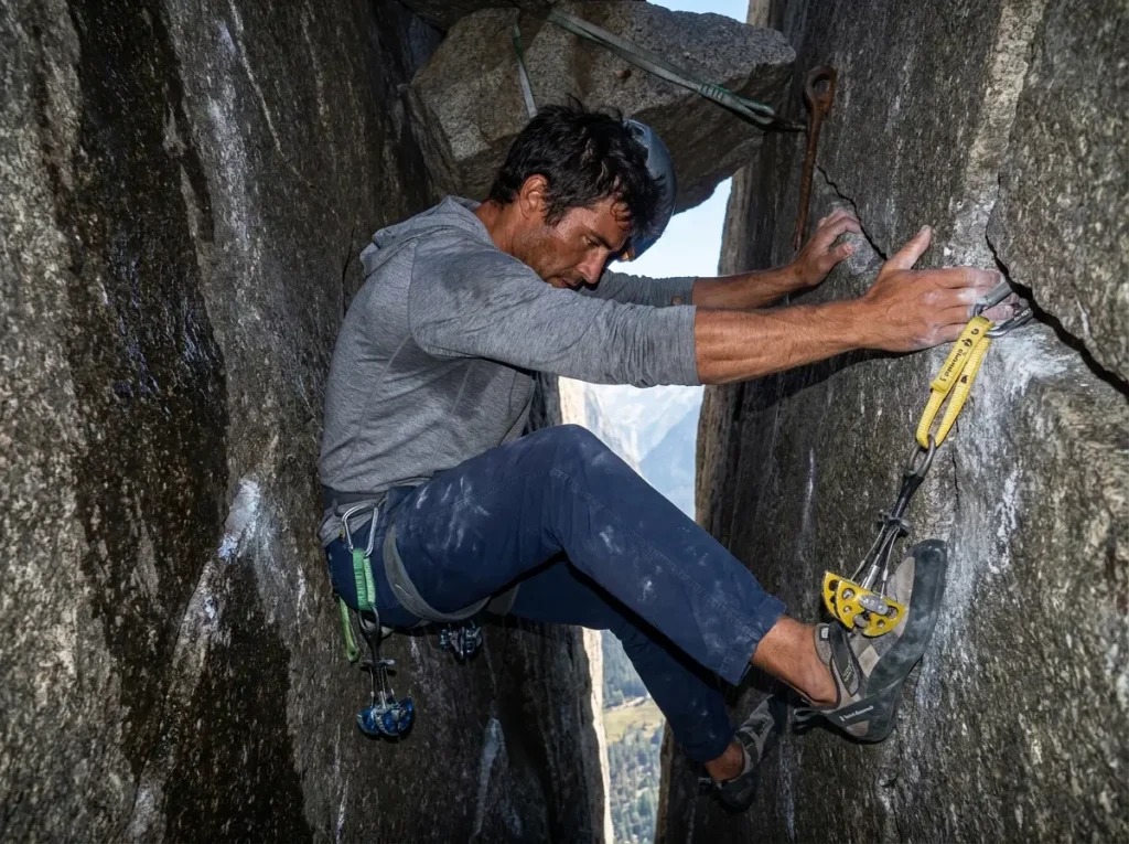 Climber stemming the Owen Chimney crux on the Grand Teton Owen Spalding route