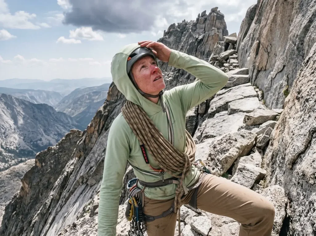 Climber route-finding toward the Upper Saddle on the Grand Teton with a coiled rope