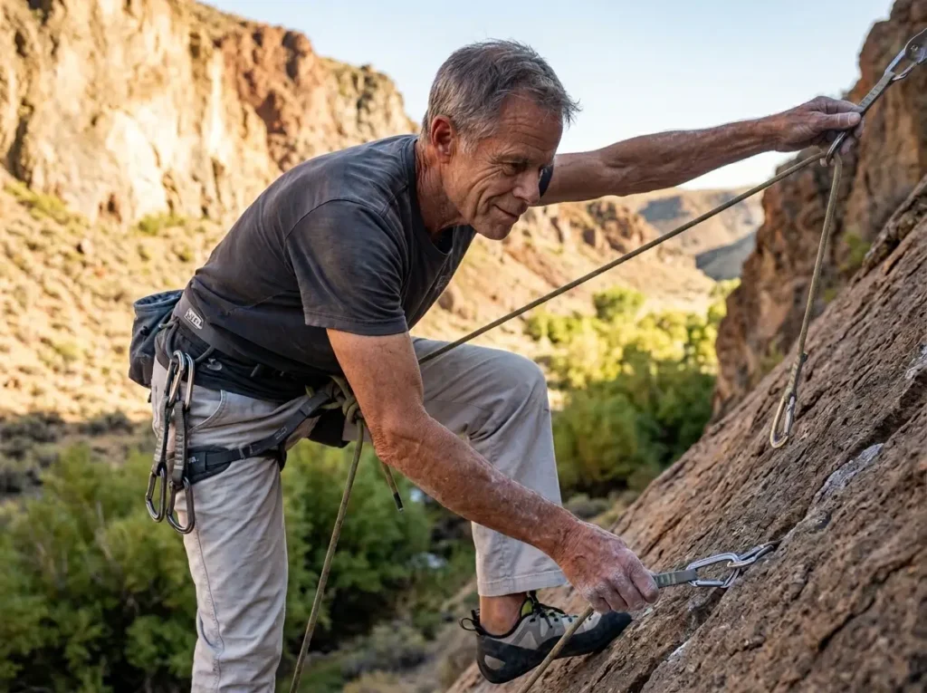 Fit older climber clipping a draw on an Eastern Sierra sport route, still strong in his sixties