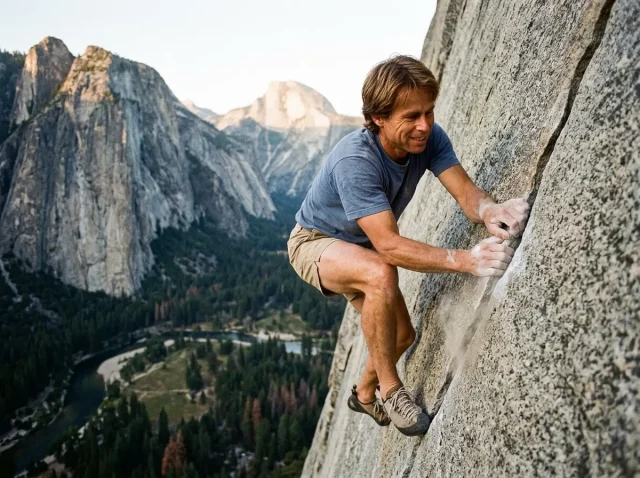 peter-croft-free-solo-yosemite-granite-crack Ropeless climber on a vertical Yosemite granite crack, the free-solo style Peter Croft made famous
