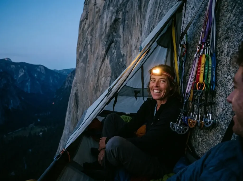 Big-wall climbers at a portaledge bivouac at dusk on a granite face during a multi-day El Capitan ascent