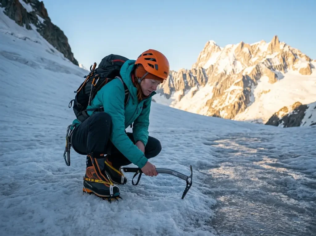 Alpinist testing snow surface conditions on morning slope with ice axe before sun hits terrain