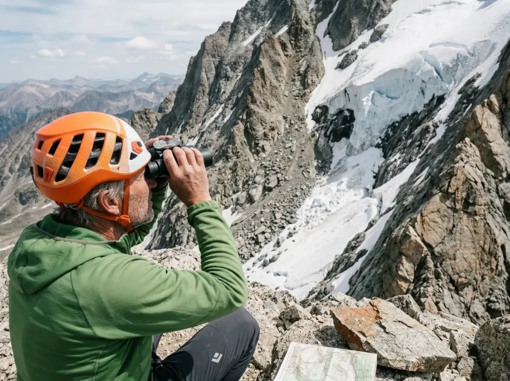 Climber studying the route and objective hazards on a famous peak's standard line