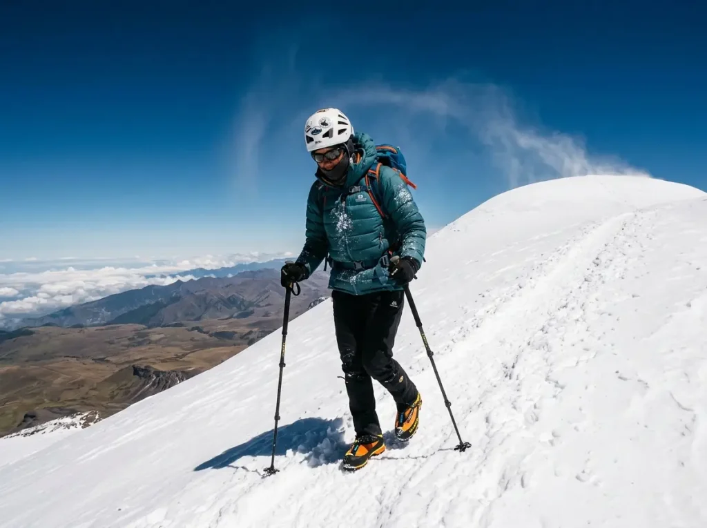 Climber approaching a broad snowy summit, a non-technical Seven Summits style famous peak