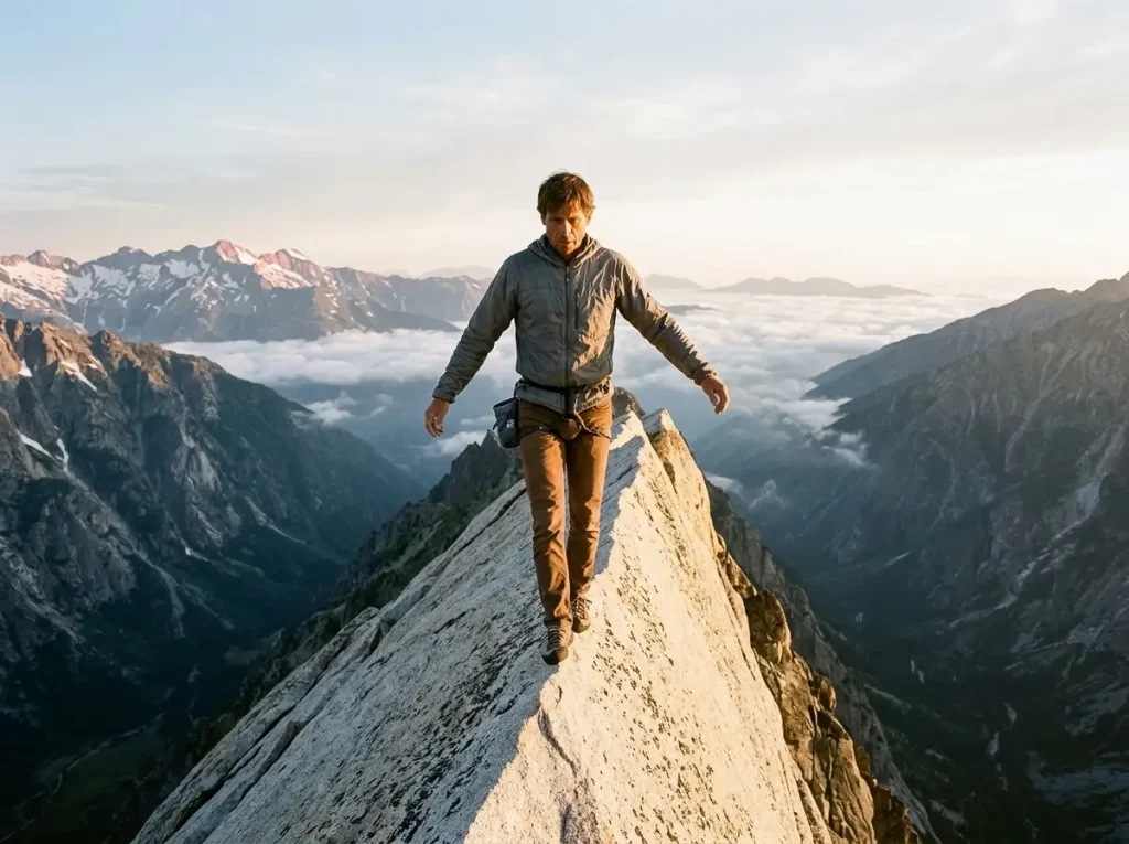 Lone climber on an exposed sunlit granite summit arête at dawn, the soloist's world of vast High Sierra air