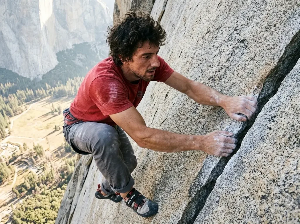 Climber moving fast up a big-wall granite crack on El Capitan, Yosemite speed climbing