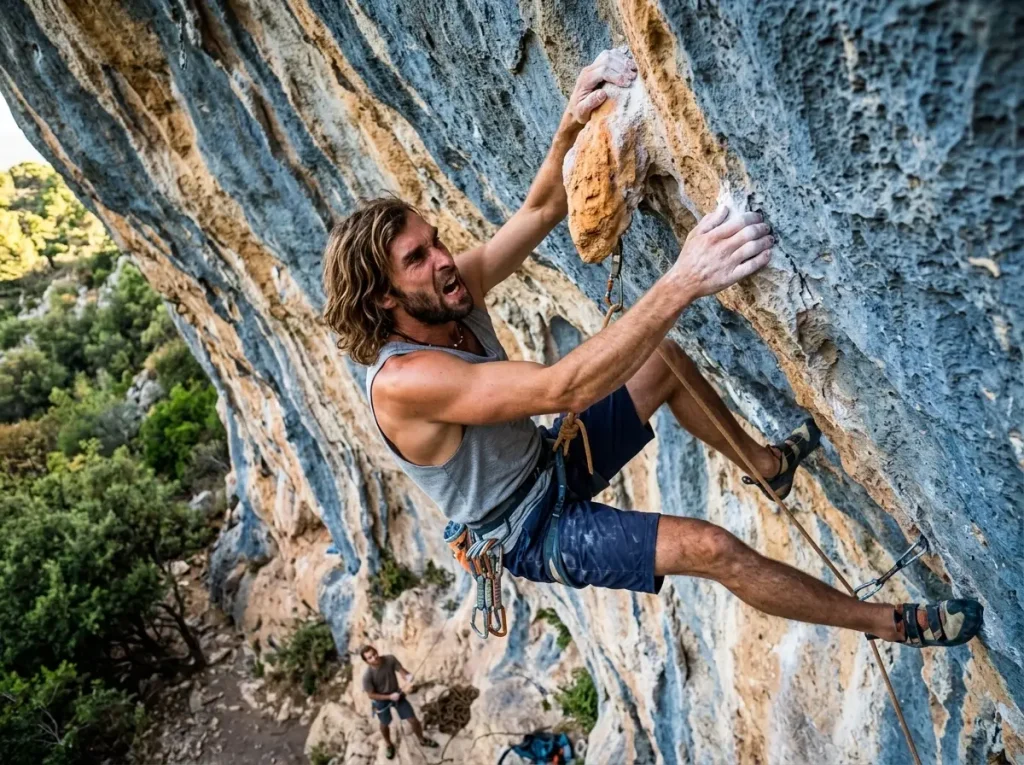 Powerful sport climber clipping a quickdraw on steep overhanging limestone with tufa streaks
