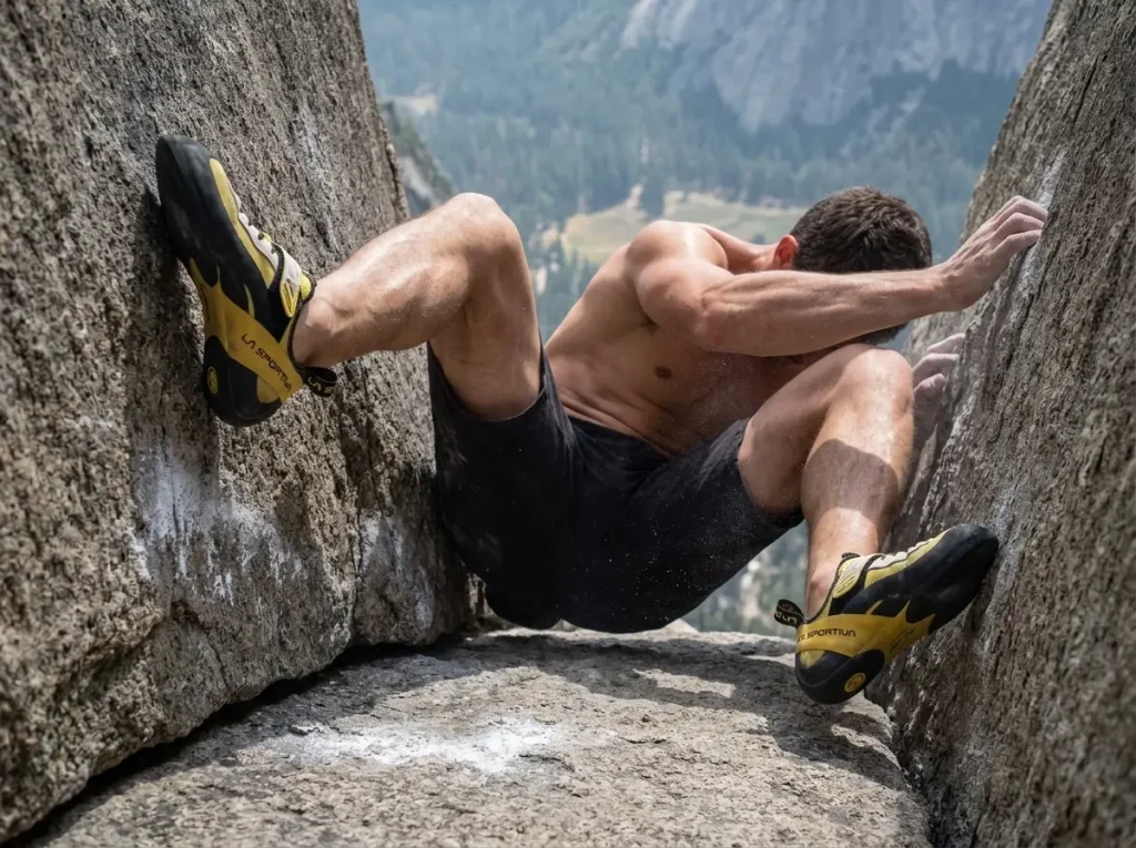 Climber stemming with opposing pressure in a steep near-blank granite corner like Changing Corners on The Nose