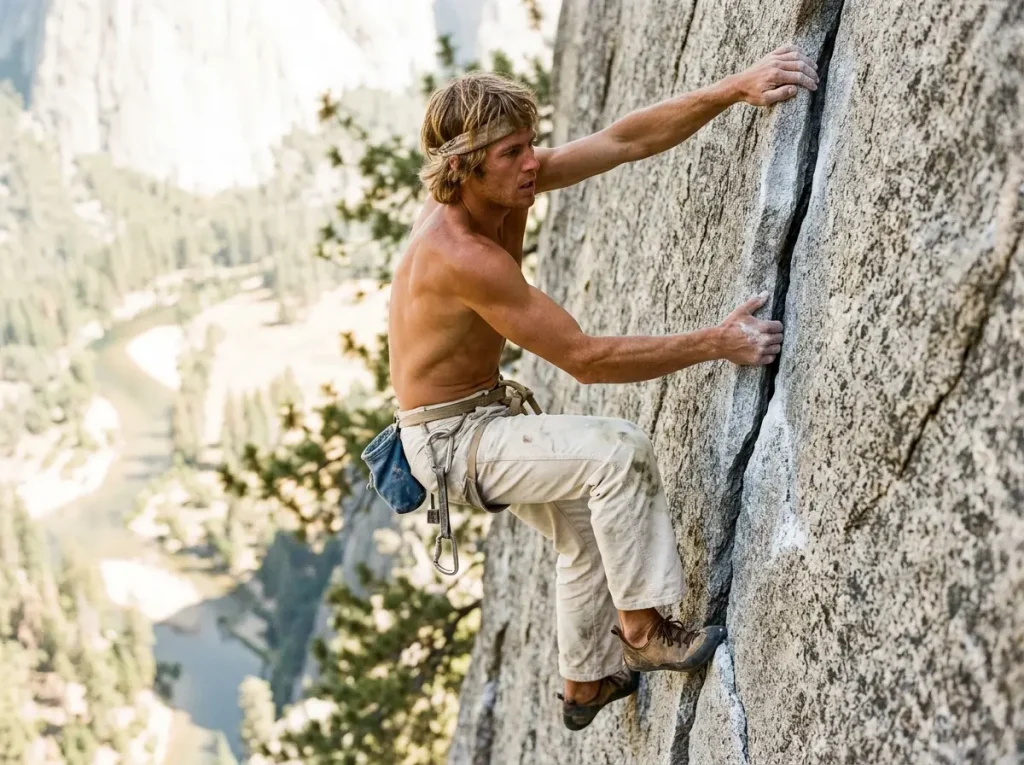 Lean Camp 4 era climber free-climbing a steep Yosemite granite crack with chalk, no aid gear