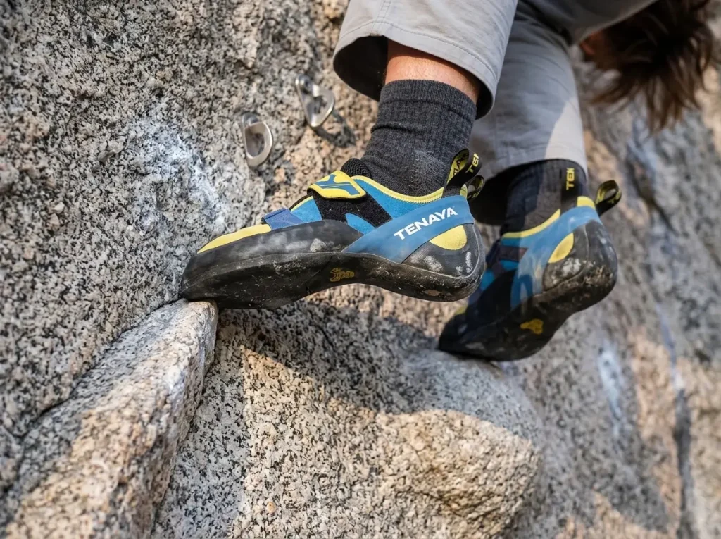 Close-up of Tenaya Mastia climbing shoes edging on steep rock, Chris Sharma's current signature shoe