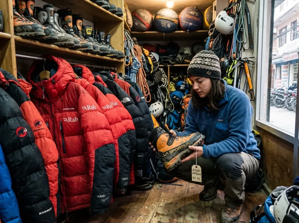 A Thamel gear-rental shop in Kathmandu with down suits and boots — the rent vs buy decision for Everest gear