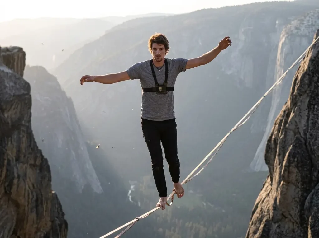 Highliner walking an untethered slackline high above Yosemite Valley at golden hour, no leash