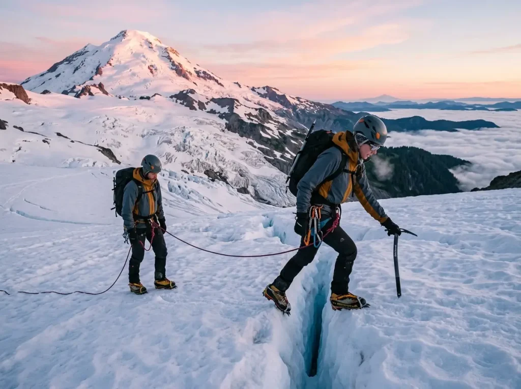 Roped team on a Mount Rainier glacier route, a US-accessible famous mountain peak