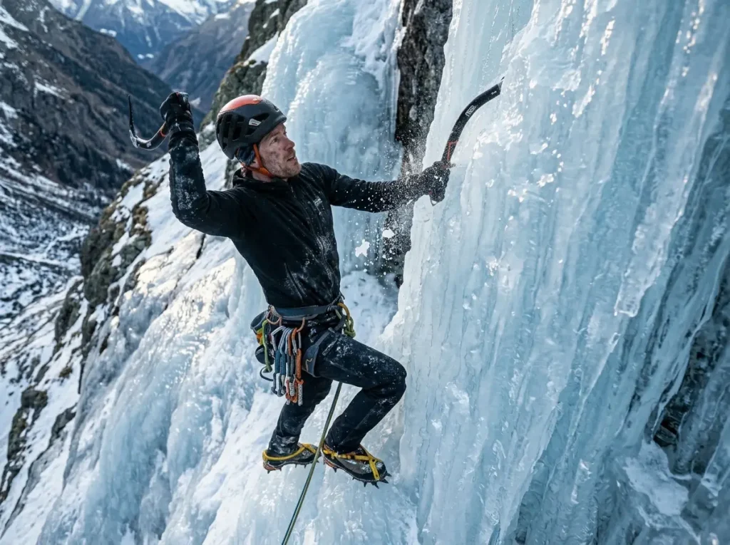 Ice climber swinging a tool into vertical blue ice, the technical grade a climb actually measures