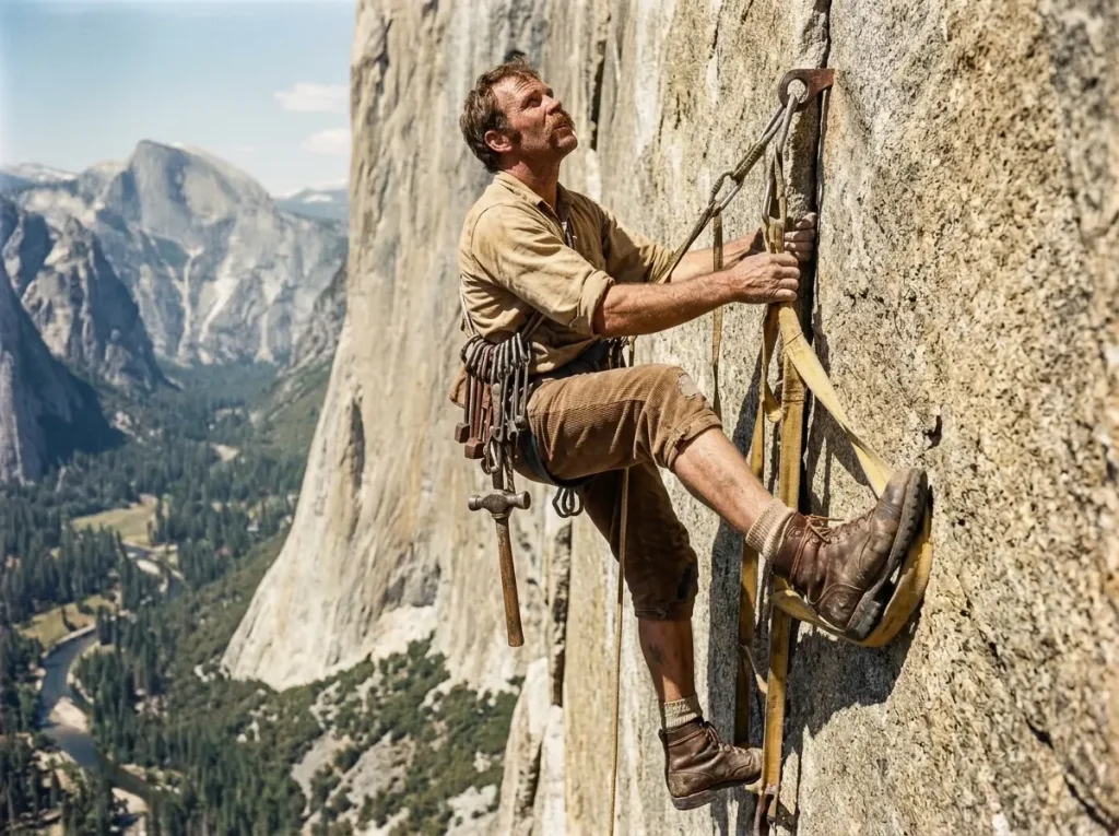 Big-wall aid climber on étriers with a rack of pitons and hammer, evoking Yosemite's pioneer ethics era