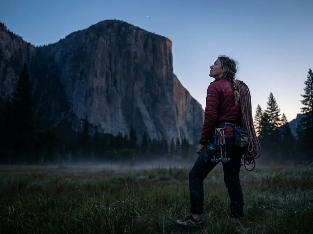 Young climber looking up at El Capitan at dusk in Yosemite, reflecting on Dean Potter's legacy