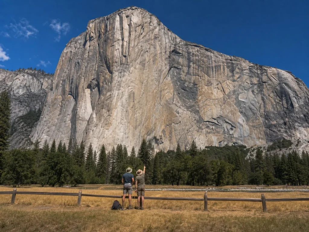 El Capitan's 3,000-foot granite face towering over Yosemite Valley with tiny climbers visible
