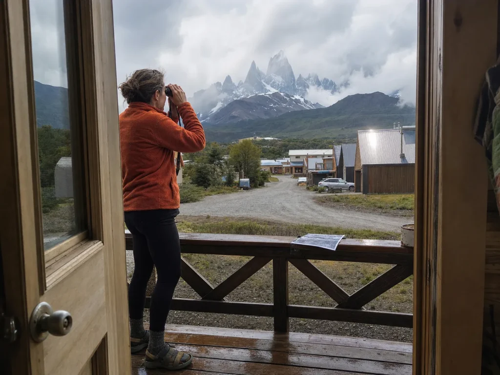 Climber outside an El Chaltén cabin glassing Cerro Torre through binoculars, waiting for a weather window