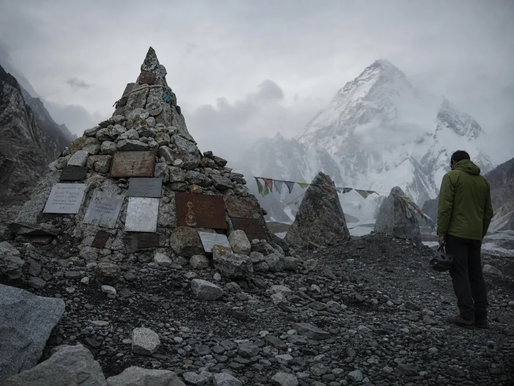 The Gilkey-style memorial cairn near K2 Base Camp honoring climbers lost on the mountain