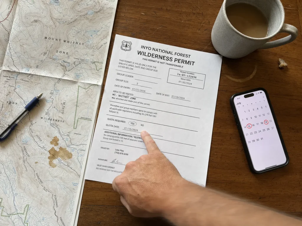 Mount Whitney wilderness permit and map on a kitchen table during trip planning