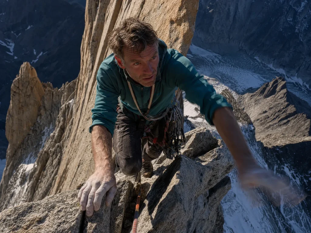 Alpinist leading the exposed granite ridgeline of Fitz Roy's standard route