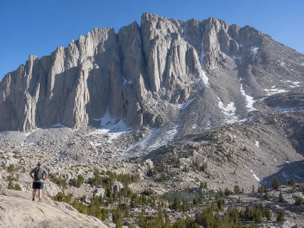 The east side of Mount Whitney showing the Mountaineers Route couloir and the main trail approach