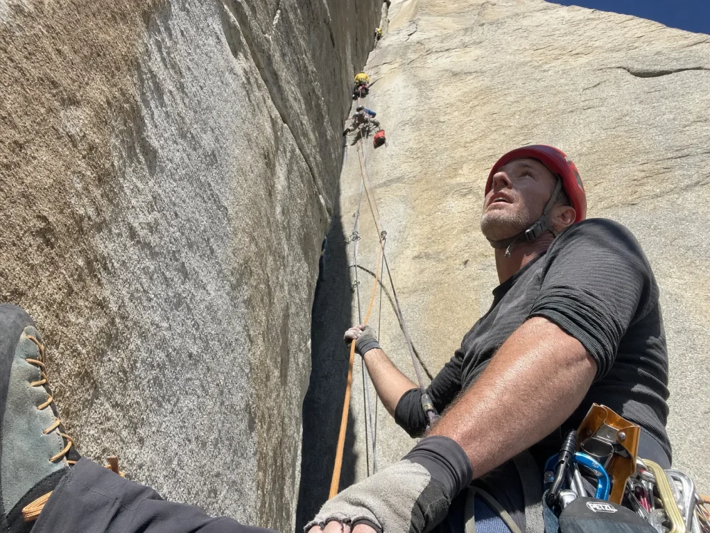 Multiple climbing parties stacked on The Nose of El Capitan showing the route's crowding