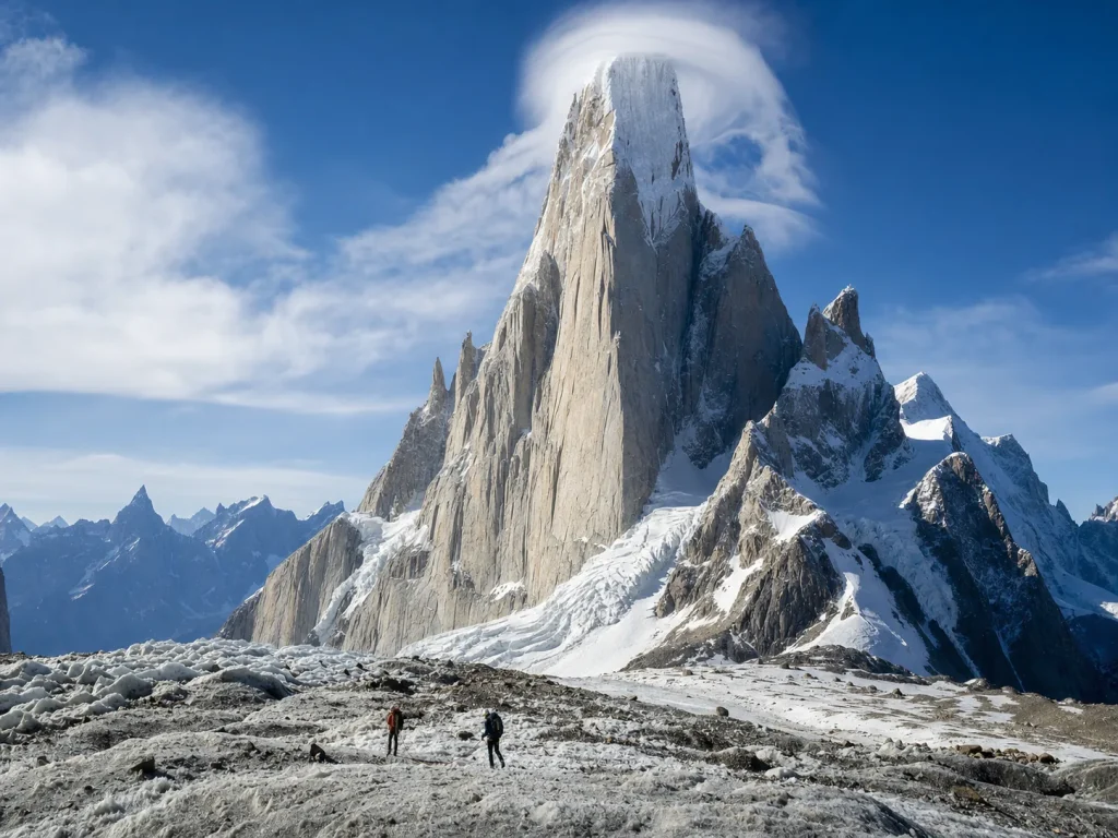 Full profile of Cerro Torre showing the West Face and Southeast Ridge lines to the rime-capped summit