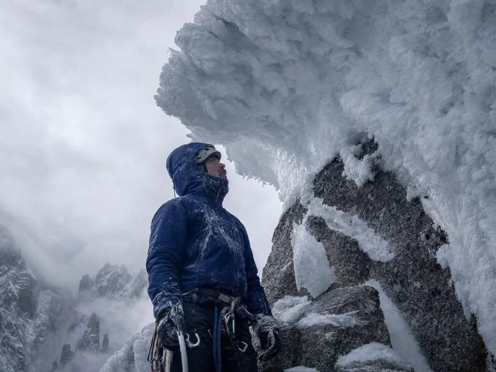 Climber facing a loosely bonded rime-ice mushroom capping a Patagonian summit