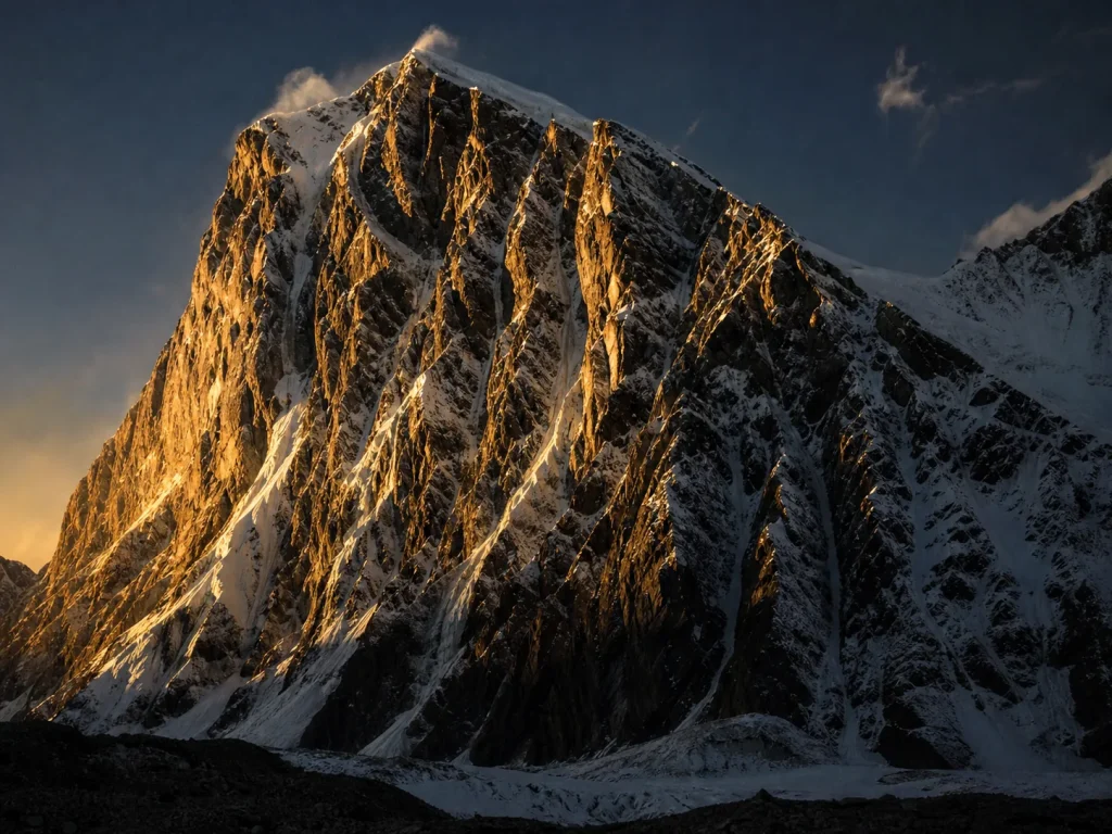 A steep unclimbed rock-and-ice face on K2 in raking low-angle light