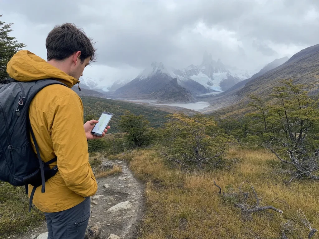 Trekker on the Laguna Torre trail from El Chaltén checking a GPS map with Cerro Torre in cloud ahead