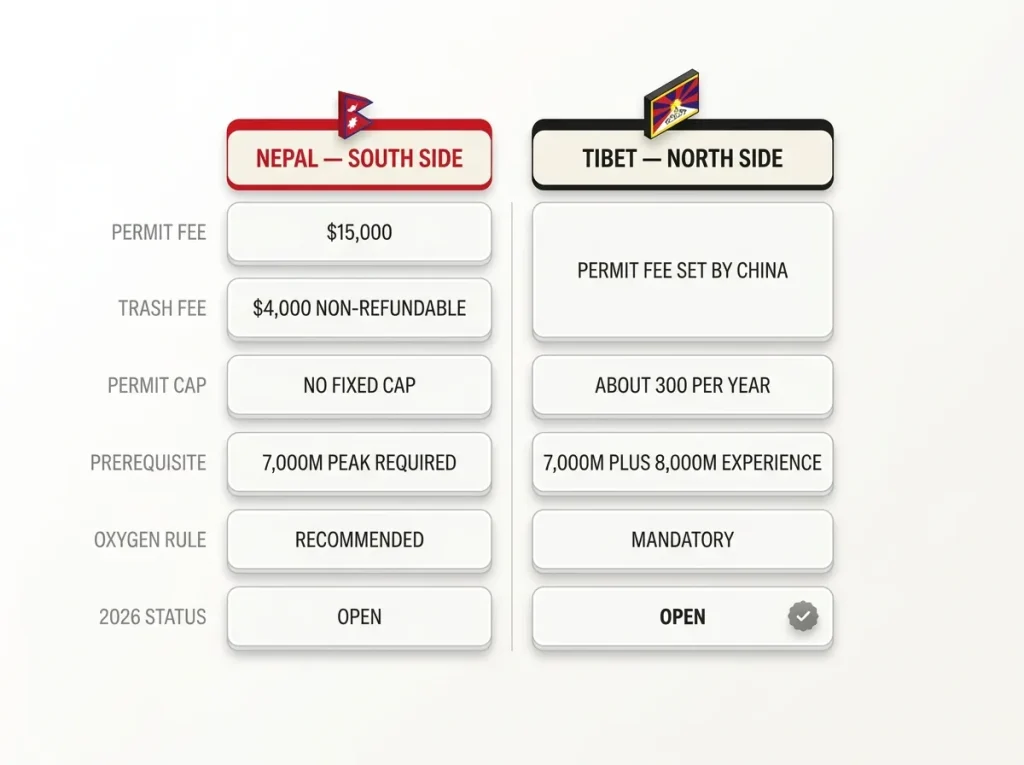 2026 comparison of Nepal and Tibet Everest permit fees, caps, prerequisites, and oxygen rules, confirming Tibet is open
