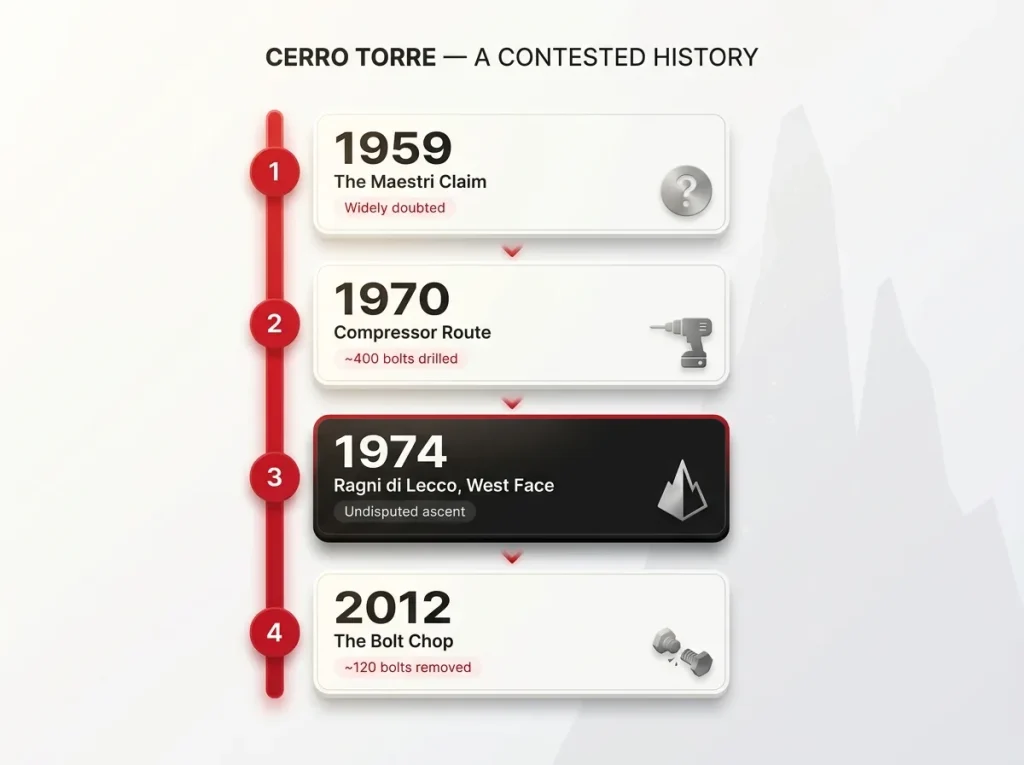 Vertical timeline infographic of Cerro Torre's contested climbing history with four dated milestones and disputed-status tags