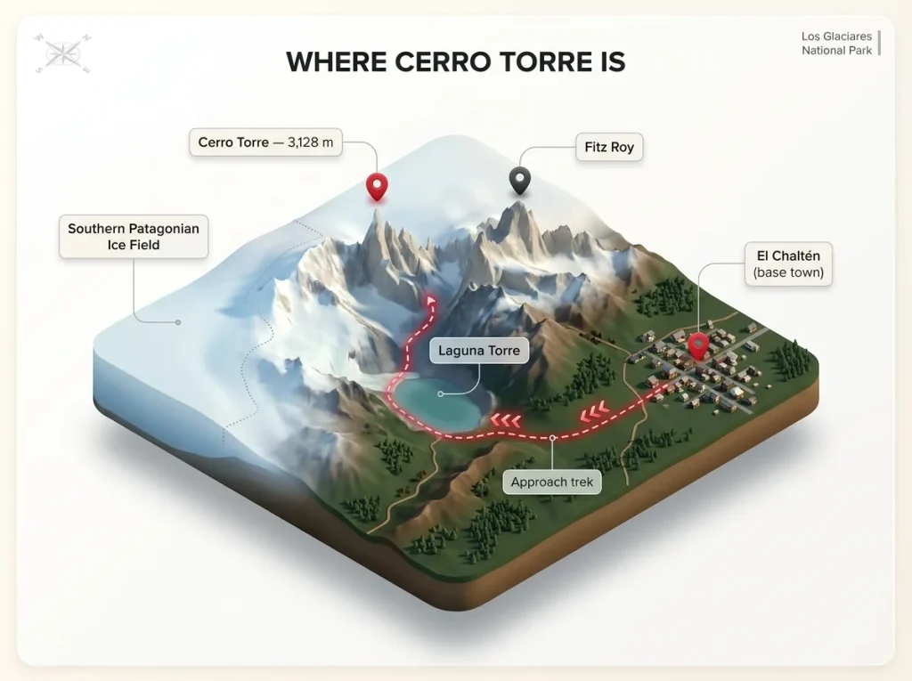 Locator map infographic of Los Glaciares Patagonia showing El Chaltén, Cerro Torre, Fitz Roy, Laguna Torre and the approach line