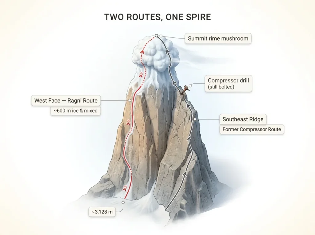 Annotated diagram of Cerro Torre spire showing the West Face Ragni Route and Southeast Ridge with compressor and summit mushroom marked