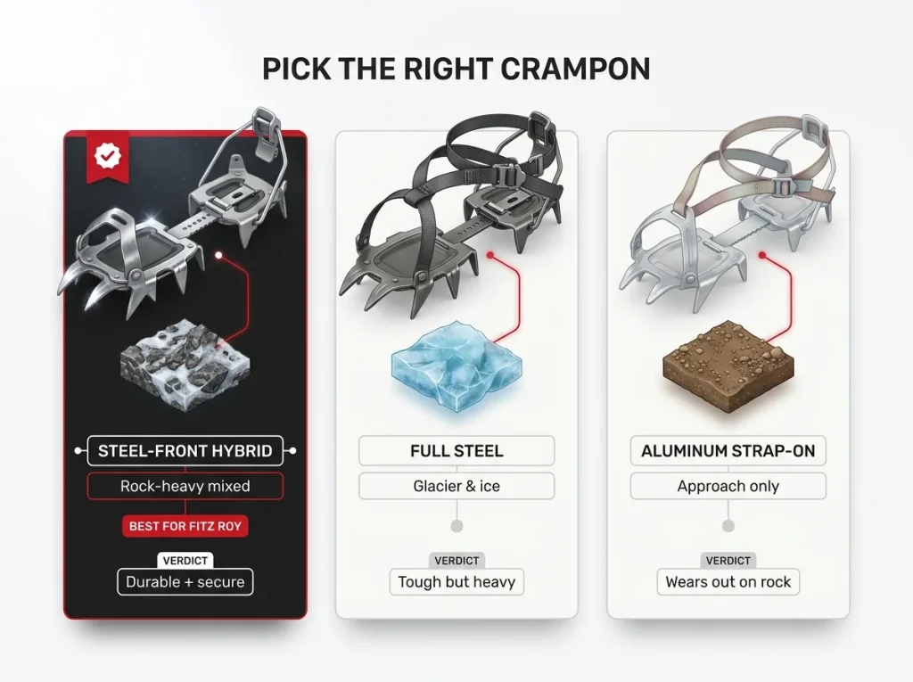 Crampon decision infographic comparing steel, steel-front hybrid, and aluminum crampons matched to terrain for Fitz Roy