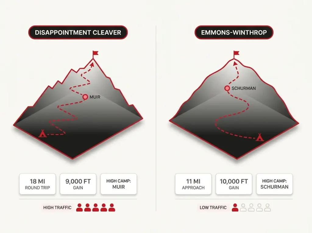 Comparison diagram of Disappointment Cleaver vs Emmons routes showing gain, distance, camp, and crowd level