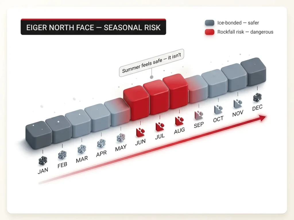 Seasonal risk calendar for the Eiger North Face showing months color-banded for rockfall danger versus ice-bonded safe conditions