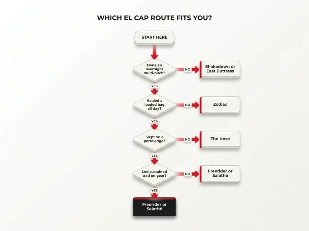 Decision flowchart routing climbers through experience questions to a recommended El Capitan route