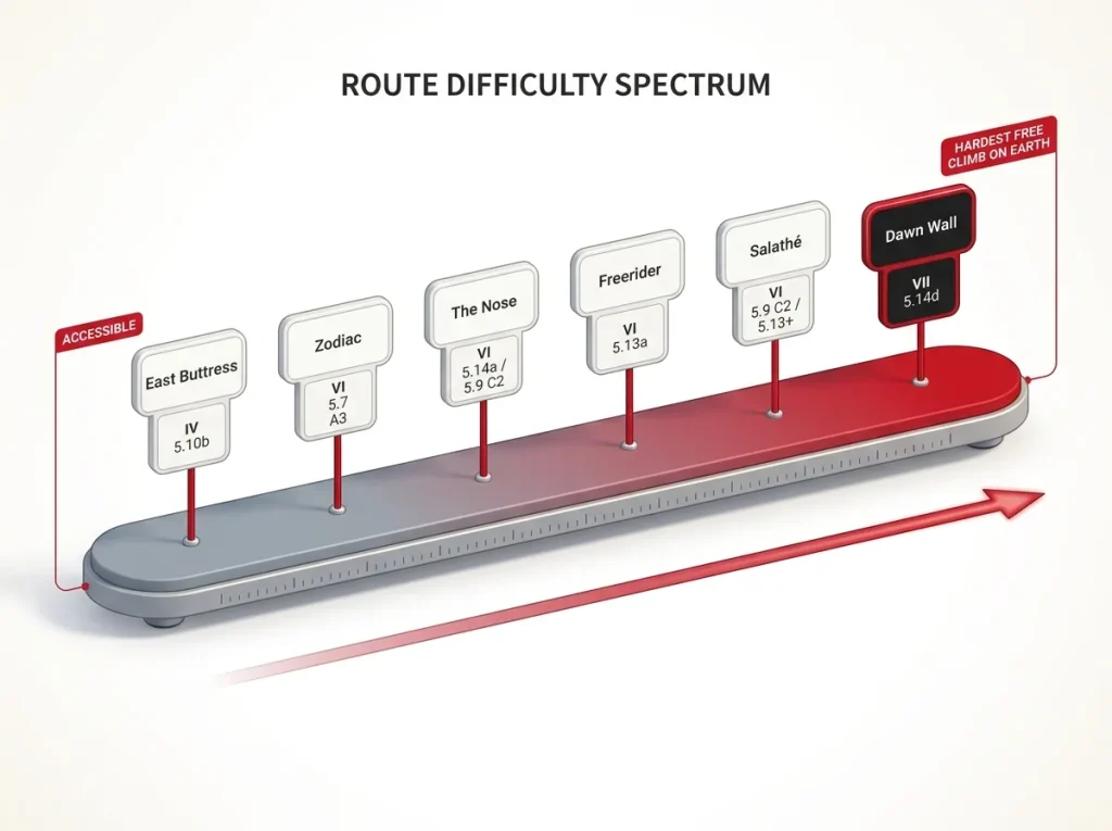 Infographic showing El Capitan routes on a difficulty spectrum from accessible to hardest with free and aid grades