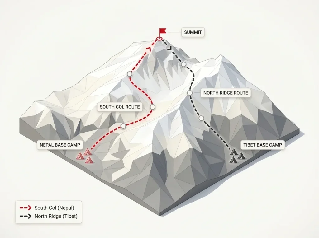 Map comparing Everest's South Col route from Nepal and North Ridge route from Tibet with camps and summit labeled