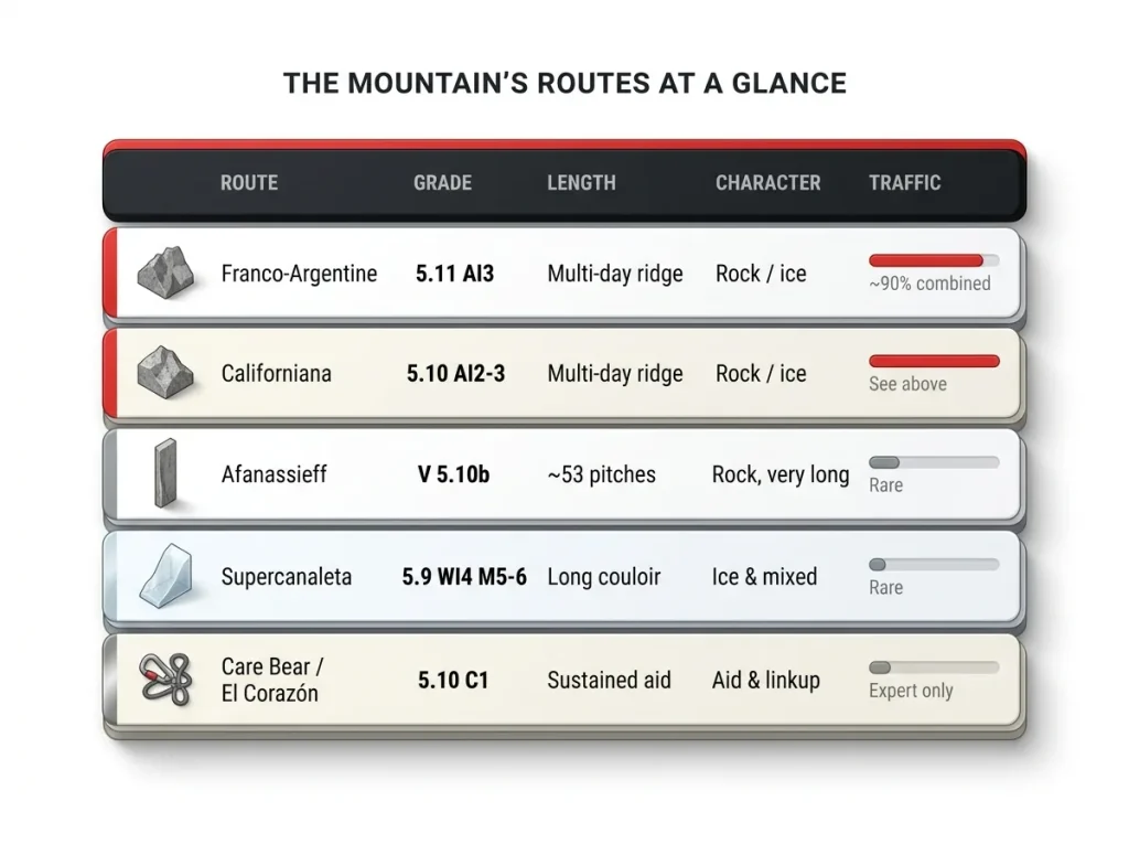 Route comparison table infographic showing Fitz Roy routes with grade, length, character, and traffic share for climbers