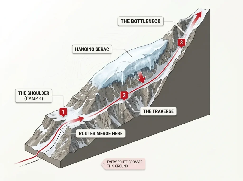 Cross-section diagram of K2's summit showing the Shoulder, hanging serac traverse, and Bottleneck couloir where routes merge