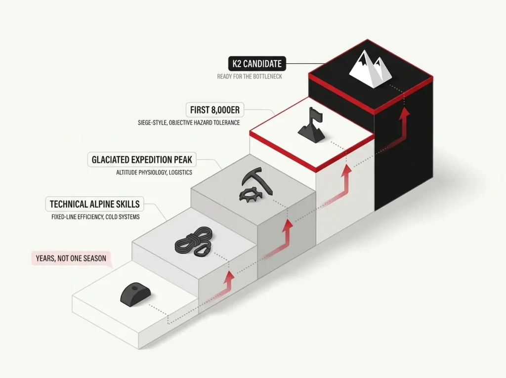 Step diagram showing the readiness ladder from crag climber to technical alpinist to first 8000er to K2 candidate