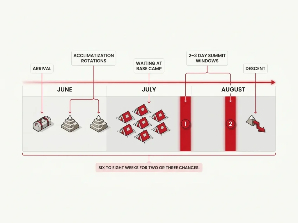 Timeline strip showing K2's June-August season with narrow summit windows against the full 6-8 week expedition schedule