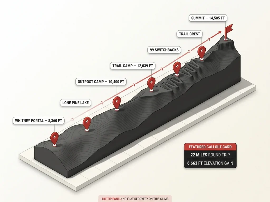 Infographic showing Mount Whitney Trail elevation profile from Portal to summit with labeled camps, switchbacks, and Trail Crest