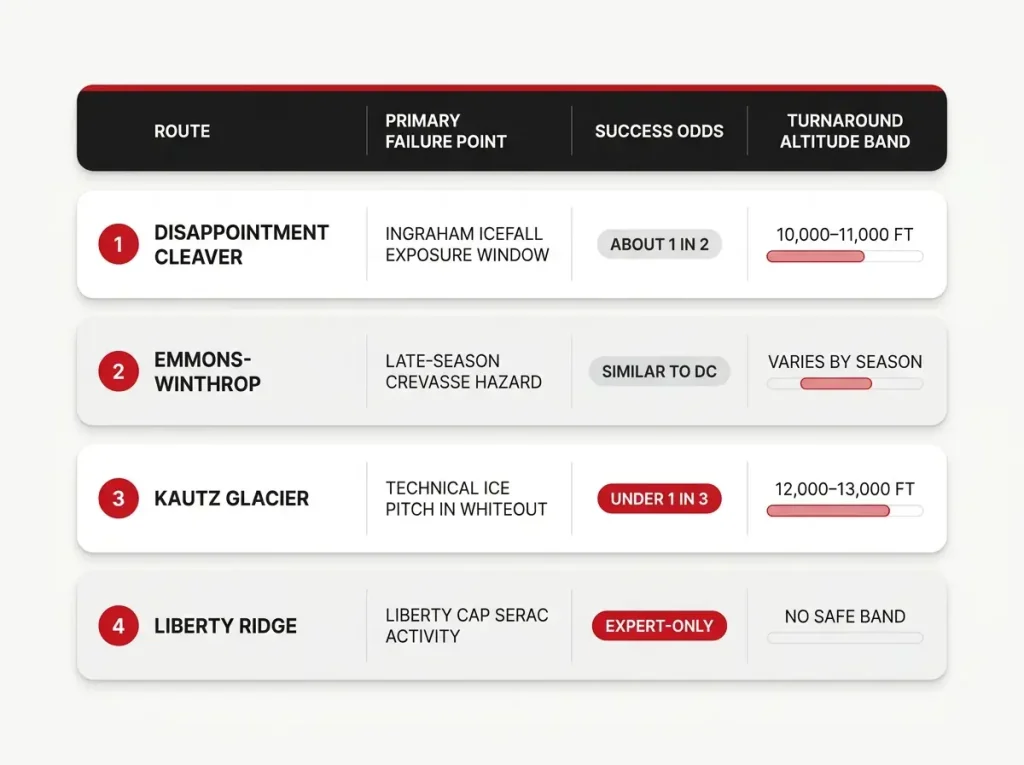 Infographic table showing each Rainier route's primary failure point, success odds, and turnaround altitude band