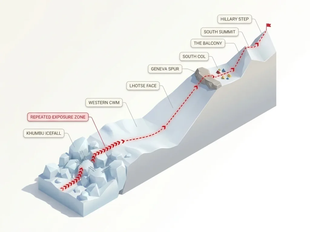 Annotated profile diagram of Everest's South Col route labeling Khumbu Icefall, Western Cwm, Lhotse Face, and Hillary Step